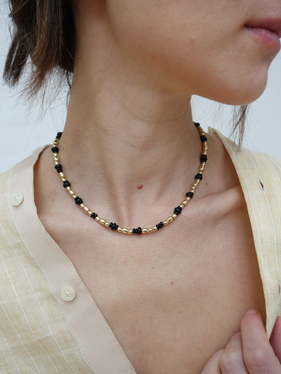 Gold and Onyx Beaded Necklace